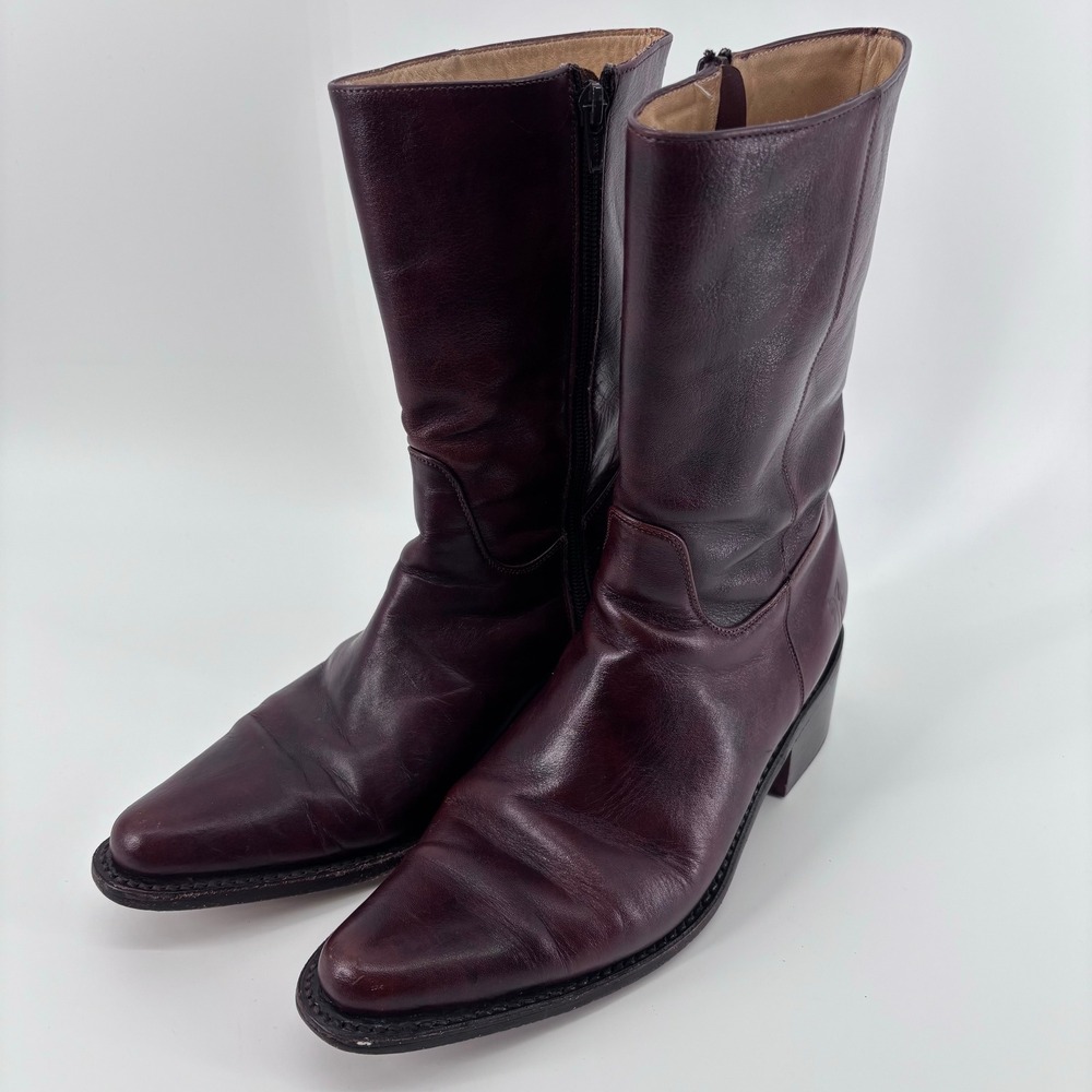 Frye Leather Side Zip Pointed Toe Boots Womens 9 B Burgundy Oxblood Mid Calf